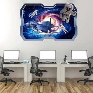 3D space window wall decal with astronaut and starship for modern office decoration
