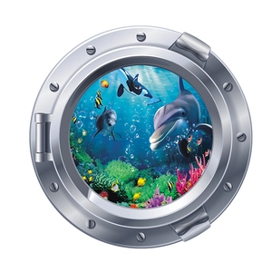Sticker mural 3D hublot avec dauphins, récif corallien et vie marine sous-marine