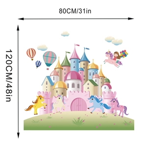 Detail view of 80x120cm unicorn castle wall stickers showing dimensions for nursery decor