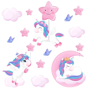 Unicorn wall stickers set with moon stars and clouds for kids bedroom nursery decor
