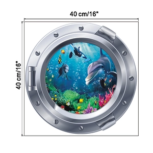 Détail des dimensions 40x40cm du sticker mural hublot 3D avec motif de dauphins