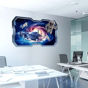 3D spacecraft and astronaut wall decal in a modern office with cosmic galaxy view