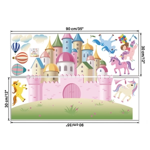 Detailed dimensions of unicorn castle wall stickers measuring 90cm by 30cm for kids rooms