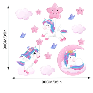Detail of unicorn wall sticker set with stars and butterflies for kids room decor