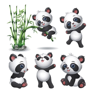 Cartoon panda wall decals set with cute pandas climbing bamboo for kids room decor