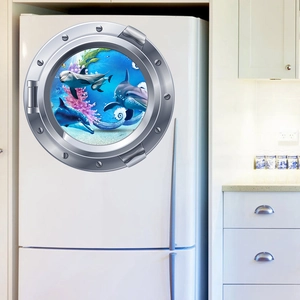 Sticker mural 3D fenêtre océan avec dauphins et corail pour déco de réfrigérateur