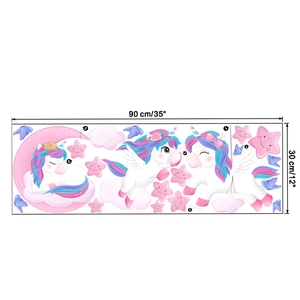 Unicorn wall decals sheet layout showing pink moon and stars for nursery decor, 90x30cm size