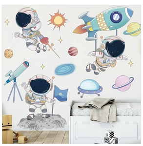 Cartoon astronaut and space rocket wall stickers set for children bedroom decoration