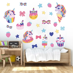 Unicorn and dessert wall stickers set for kids room featuring cupcakes and rainbows