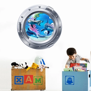 Détail du sticker mural 3D hublot de sous-marin avec dauphins et scène de coraux