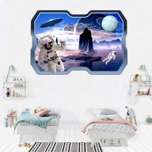 3D outer space astronaut wall sticker with UFO and stars for kids room decor