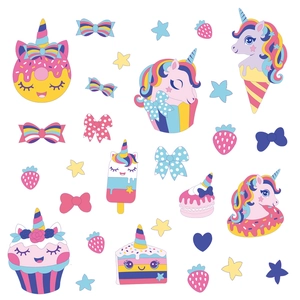 Unicorn and dessert wall stickers with cupcakes, ice cream, and rainbows for kids' rooms