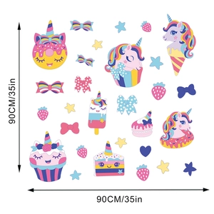 Detail view of unicorn and dessert wall stickers with clear 90cm size markings