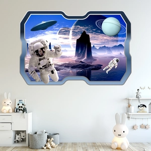 Detailed view of 3D space exploration wall sticker with astronauts and UFO in a kids room