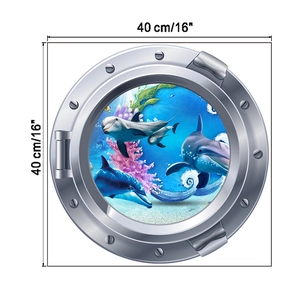 Détail du sticker mural 3D hublot dauphin de 40cm avec dimensions spécifiées