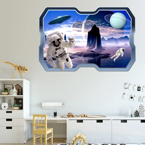 Detailed 3D space astronaut wall sticker applied in a modern kid room bedroom setting