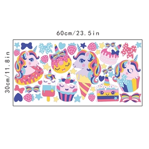 Detailed sheet showing unicorn and ice cream wall stickers with precise dimensions
