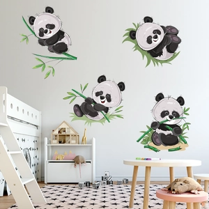 Cartoon panda wall stickers with bamboo for nursery decor and kids bedroom wall art