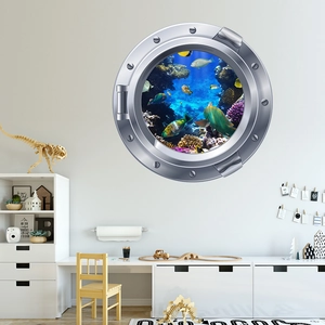 Sticker mural 3D hublot de sous-marin avec poissons tropicaux colorés et récif corallien