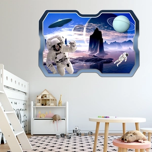 3D space astronaut and UFO wall decal shown in a bright children bedroom setting