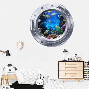 Sticker mural 3D hublot de sous-marin avec poissons tropicaux et coraux pour chambre d'enfant