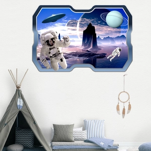 Detail of 3D space wall sticker showing astronauts and planets on a white bedroom wall