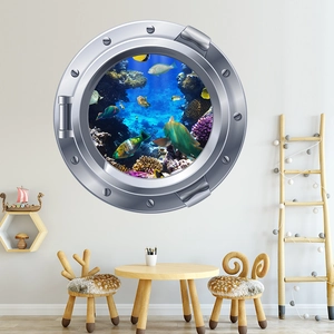 Sticker mural 3D hublot de sous-marin avec récif corallien et poissons tropicaux