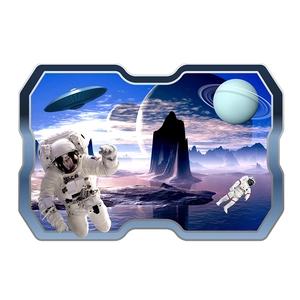 Detail of 3D space theme wall sticker showing astronauts and UFO in sci-fi blue frame