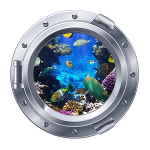 Sticker mural 3D hublot de sous-marin avec poissons tropicaux et décor de corail