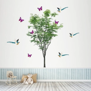 Green tree wall stickers with purple butterflies and birds for living room decor