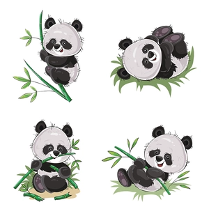 Cartoon panda wall stickers in four poses climbing and eating bamboo for room decor