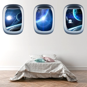 Three-piece set of 3D spaceship window wall decals featuring Earth and galaxy space views