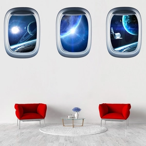 Three-piece set of 3D aircraft window wall stickers with space and planet galaxy views