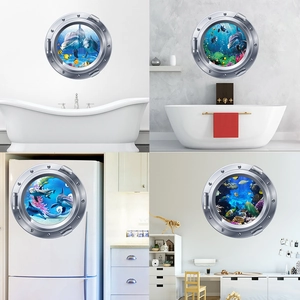 3D Stickers Muraux Hublot de Sous-marin Vie Marine Monde Marin PVC Étanche Dauphin Poissons Tropicaux Récif Corallien Décoration Maison