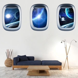 Three-piece set of 3D spaceship window wall stickers with space and planet scenery