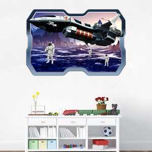 Macro view of 3D spaceship and astronaut wall sticker in a modern kids room setting