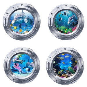 Lot de 4 stickers muraux 3D hublot de sous-marin avec dauphins et récifs coralliens