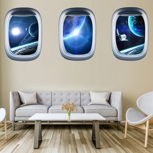 Three-piece set of 3D spaceship window wall stickers featuring galaxy and planet views