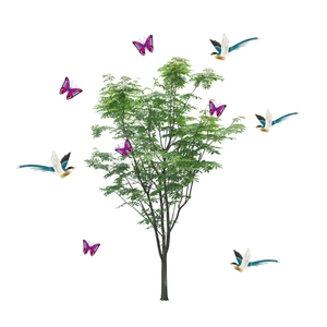 Vibrant green tree wall decal with colorful butterflies and blue birds on white background
