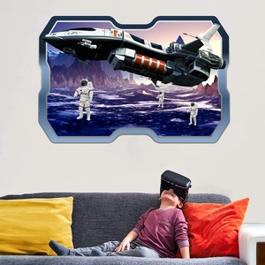 3D spaceship wall sticker detail showing astronauts exploring a purple alien planet