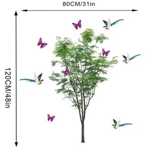 Detailed size chart of green tree wall decal with birds and butterflies, 80x120cm