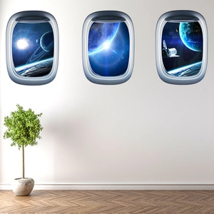 Three-piece spaceship window wall stickers with space planet designs for living room decor
