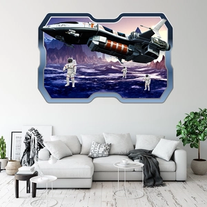 Detail view of 3D spaceship and astronaut wall sticker in a modern living room