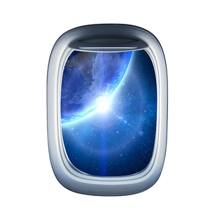 Detailed 3D airplane window wall sticker featuring a realistic outer space and Earth view