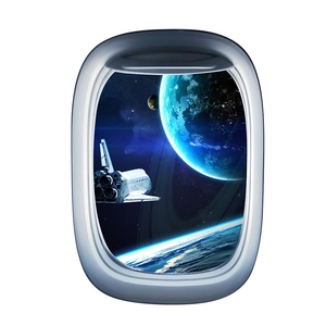 Detailed 3D airplane window wall sticker featuring a realistic space galaxy and earth view