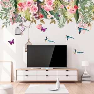 Peony Butterfly Flower Wall Stickers PVC Waterproof Botanical Leaves Birds Birdcage Wall Decal For Living Room Bedroom Home Decor