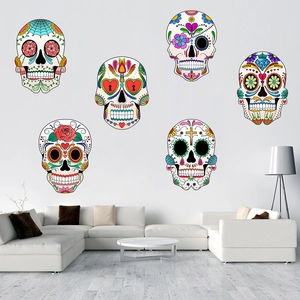 Set of 6 colorful Mexican sugar skull wall decals with floral patterns for home decor