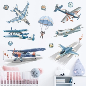 Cartoon vliegtuig muurstickers met gevechtsvliegtuigen en parachutes voor kinderkamer