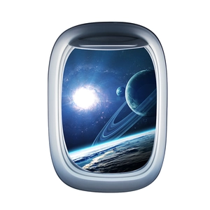 Detailed 3D airplane window wall sticker with space galaxy and starry planet landscape