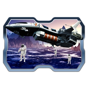 Detailed 3D outer space spaceship wall sticker with astronauts and purple mountains